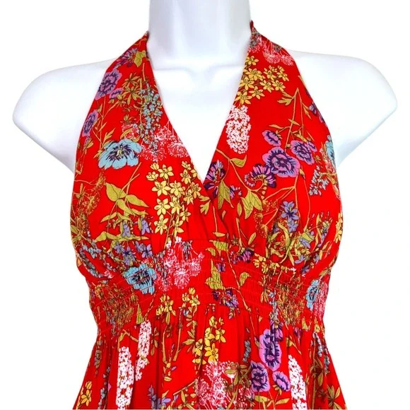 Y2K Boho Floral Festival Halter Babydoll Dress Sz M Country Indie Smocked - Picture 2 of 6